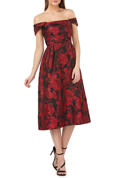 Shop Carmen Marc Valvo Infusion Off The Shoulder Brocade Dress In Red/ Black