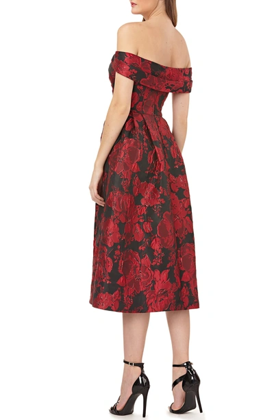 Shop Carmen Marc Valvo Infusion Off The Shoulder Brocade Dress In Red/ Black