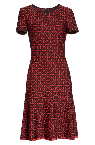 Shop St John Floral Blister Jacquard Knit Dress In Burnt Red/ Caviar