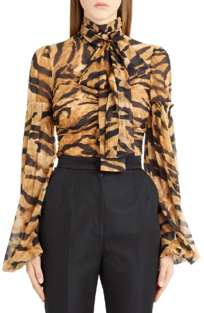 Shop Dolce & Gabbana Tiger Print Stretch Silk Blouse In Brown