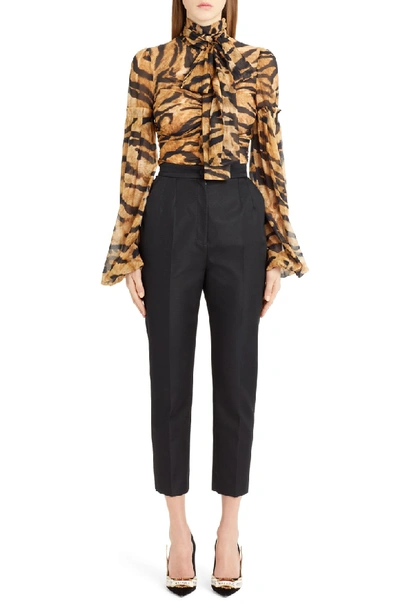 Shop Dolce & Gabbana Tiger Print Stretch Silk Blouse In Brown