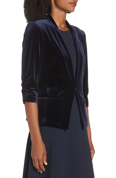 Shop Eliza J Ruched Velvet Blazer In Navy