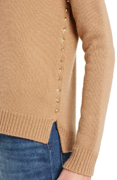 Shop Valentino Studded Crewneck Cashmere Sweater In Camel