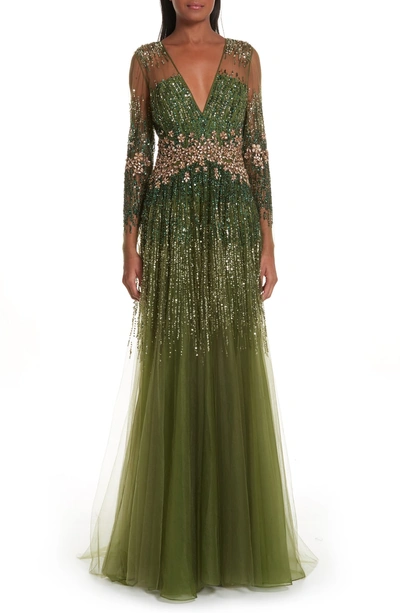Shop Pamella Roland Crystal Embellished A-line Gown In Sage Multi