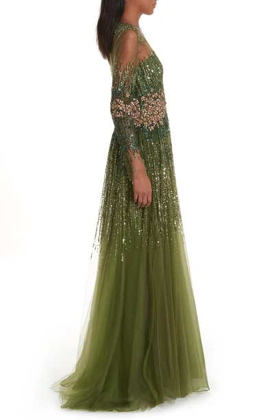 Shop Pamella Roland Crystal Embellished A-line Gown In Sage Multi