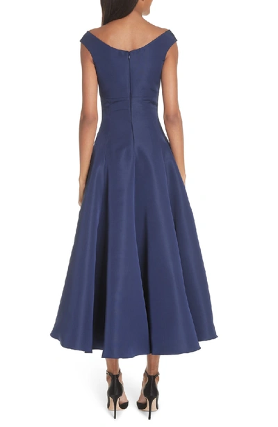 Shop Christian Siriano Off The Shoulder V-neck A-line Silk Cocktail Dress In Navy