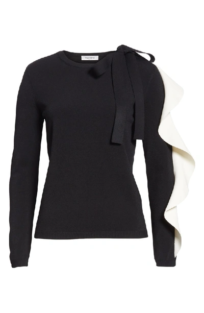 Shop Valentino Bow & Contrast Ruffle Knit Top In Black/ Ivory