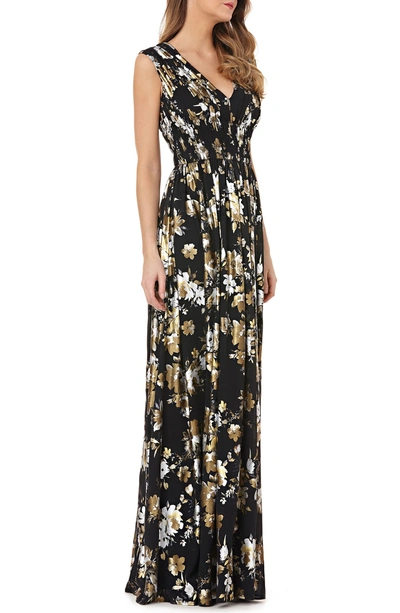 Shop Kay Unger Smocked Foil Chiffon Gown In Black Multi