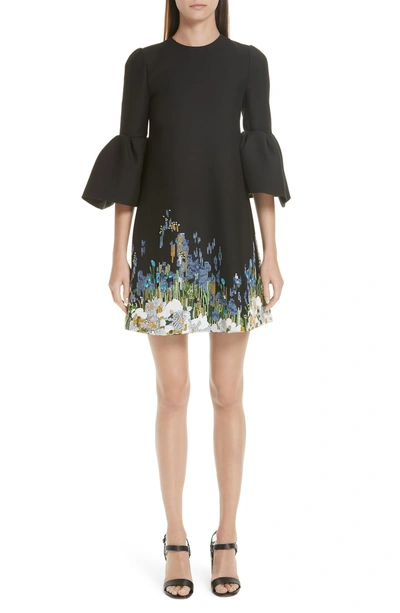 Shop Valentino Ruffle Sleeve Floral Embroidered Dress In Black Multi