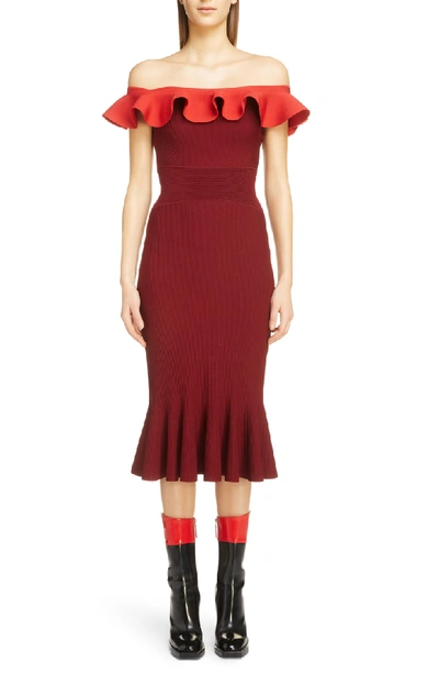 Shop Alexander Mcqueen Ruffle Off The Shoulder Sweater Dress In Carmine/ Red