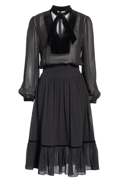 Shop Frame Velvet Trim Polka Dot Silk Dress In Noir Multi