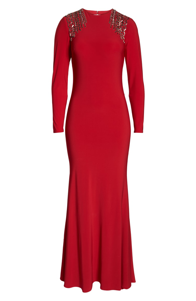 one shoulder jersey sheath gown mac duggal