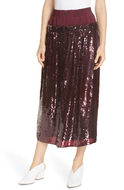 Shop Tibi Sequin Layer Silk Midi Skirt In Burgundy