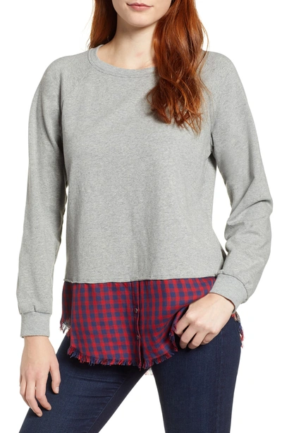Shop Billy T Mixed Media Sweatshirt In Heather Grey/ Red Mix Plaid