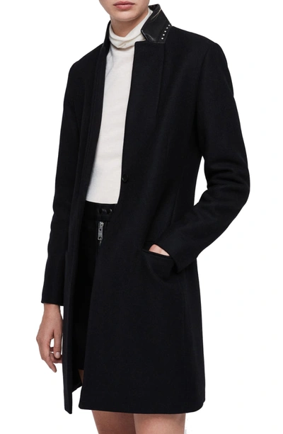 Shop Allsaints Leni Stud Trim Leather Collar Coat In Black