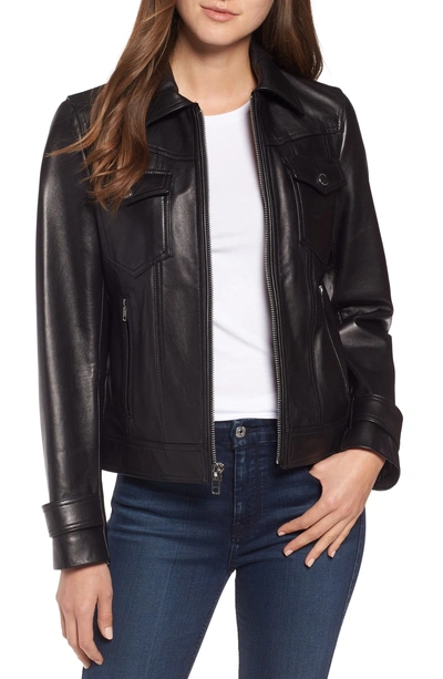 Shop Tahari Esther Leather Trucker Jacket In Black