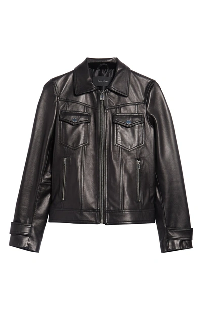 Shop Tahari Esther Leather Trucker Jacket In Black