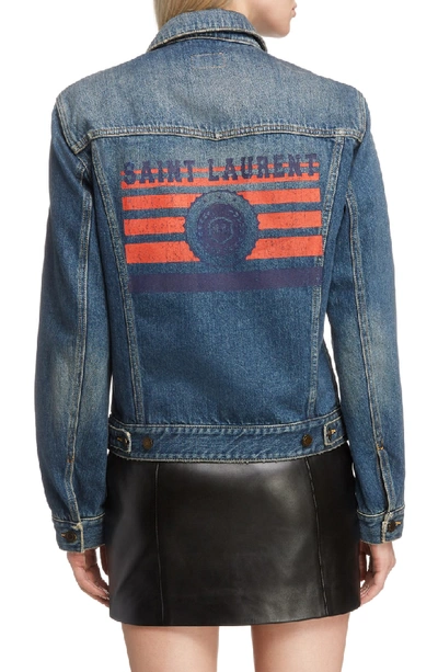 Shop Saint Laurent University Logo Denim Jacket In Deep Vintage Blue