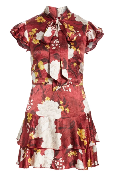 Shop Alice And Olivia Lashay Tie Neck Silk Minidress In Water Lotus Bordeaux