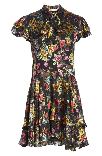Shop Alice And Olivia Moore Floral Tie Neck Minidress In Western Floral Black