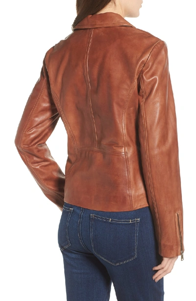 Shop Lamarque Asymmetrical Zip Leather Biker Jacket In Luggage