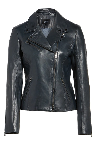 Shop Lamarque Asymmetrical Zip Leather Biker Jacket In Navy
