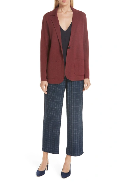 Shop Eileen Fisher Check Straight Leg Silk Ankle Pants In Midnight