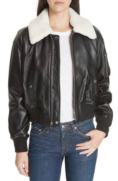 Shop Derek Lam 10 Crosby Cropped Leather Flight Jacket With Genuine Shearling Removable Trim In Black