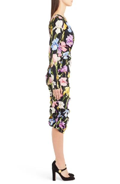 Shop Dolce & Gabbana Iris Print Ruched Stretch Silk Dress In Black