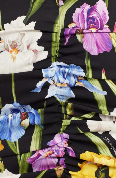 Shop Dolce & Gabbana Iris Print Ruched Stretch Silk Dress In Black