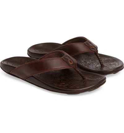 Shop Olukai Waimea Flip Flop In Dark Wood/ Dark Wood Leather