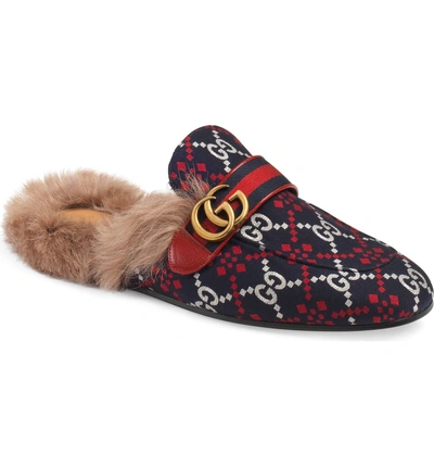 Shop Gucci Princetown Double G Loafer Mule With Genuine Shearling In Blue