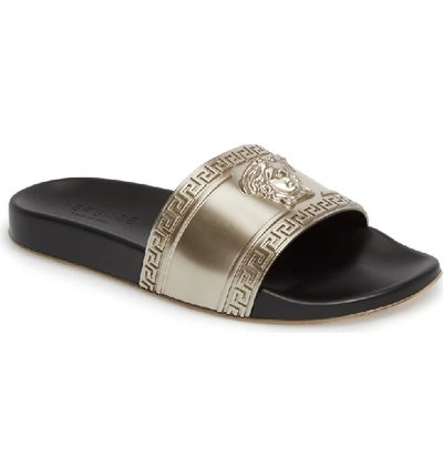 Shop Versace Palazzo Medusa Slide Sandal In Gold/ Black