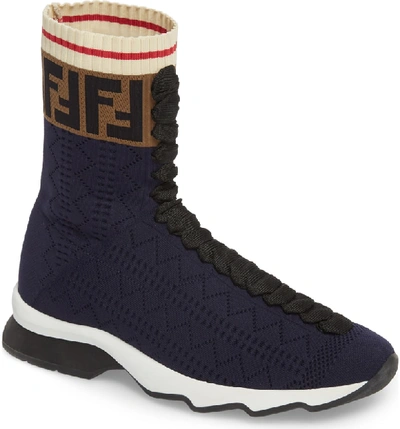 Shop Fendi Rockoko Logo Sock Sneaker In Navy