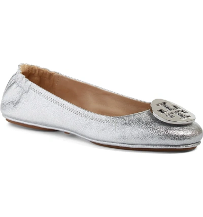 Tory Burch Minnie Metallic Leather Travel Ballet Flats In Silver | ModeSens