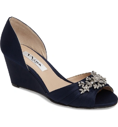 Shop Nina Emiko D'orsay Wedge Pump In Blue Satin