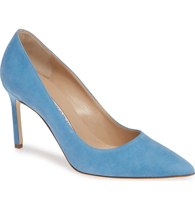 Shop Manolo Blahnik Bb Pointy Toe Pump In Powder Blue Suede