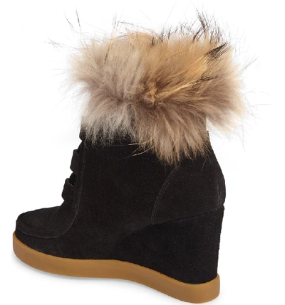 Shop Cecelia New York Holly Wedge Bootie With Genuine Fox Fur Trim In Black Suede