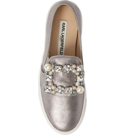Shop Karl Lagerfeld Evelyn Imitation Pearl Embellished Sneaker In Pewter Suede