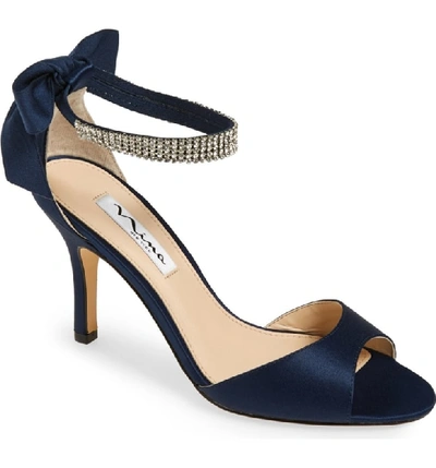 Shop Nina 'vinnie' Crystal Embellished Ankle Strap Sandal In Navy Satin