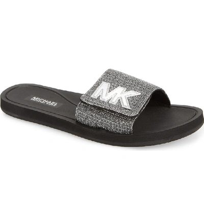 Shop Michael Michael Kors Mk Logo Slide Sandal In Black/ Silver