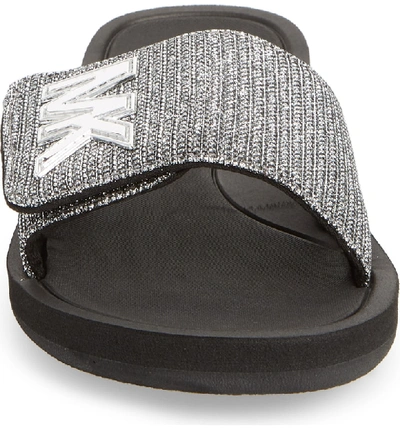 Shop Michael Michael Kors Mk Logo Slide Sandal In Black/ Silver