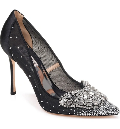 Shop Badgley Mischka Quintana Crystal Embellished Pump In Black Satin/ Mesh