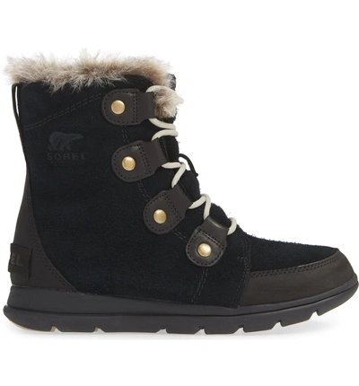 Shop Sorel Explorer Joan Waterproof Boot With Faux Fur Collar In Black/ Dark Stone