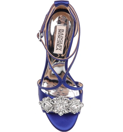 Shop Badgley Mischka Vanessa Crystal Embellished Sandal In Blue Satin