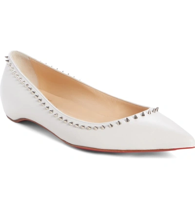 Shop Christian Louboutin Anjalina Spike Flat In Snow White/ Silver