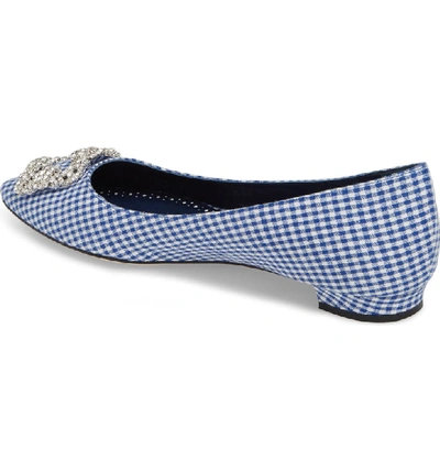 Shop Manolo Blahnik 'hangisi' Jeweled Pointy Toe Flat In Navy Gingham