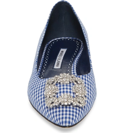 Shop Manolo Blahnik 'hangisi' Jeweled Pointy Toe Flat In Navy Gingham