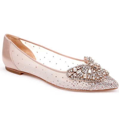 Shop Badgley Mischka Quinn Flat In Latte Satin/ Mesh