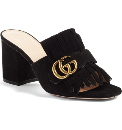 Shop Gucci Gg Marmont Peep Toe Mule In Black Suede